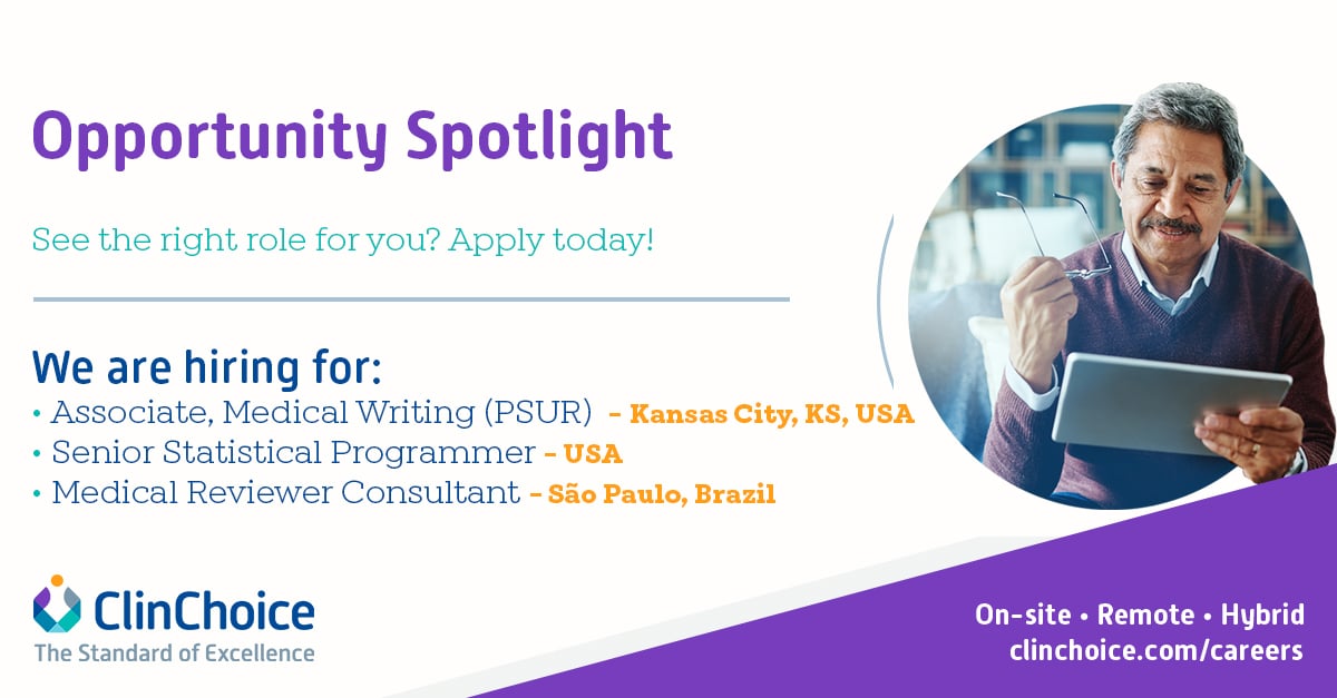 ClinChoice's tweet photo. Contribute to a healthier and safer world for everyone by joining a team that strives for excellence. See the right role for you? Apply today!

Learn more:https://t.co/RsaJLQXMHx

#Hiring #ClinChoice #ClinChoiceCareers #MedicalWriting #StatisticalProgramming #MedicalReview https://t.co/yVkQhzHyMT