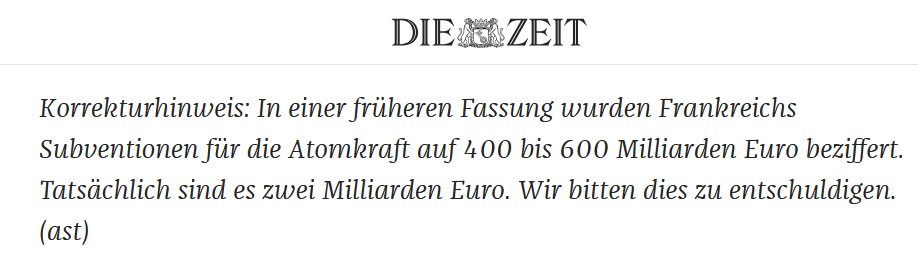 Nachtrag: <a href="/AnnikaJoeres/">Annika Joeres</a> hat bereits in mehreren Artikeln ihren Bias gegen Kernkraft unter Beweis gestellt.
Besonders bekannt wurde sie durch den folgenden Korrekturhinweis, angefügt an ihren Artikel „In der Atomfalle” vom 23. März 2023: