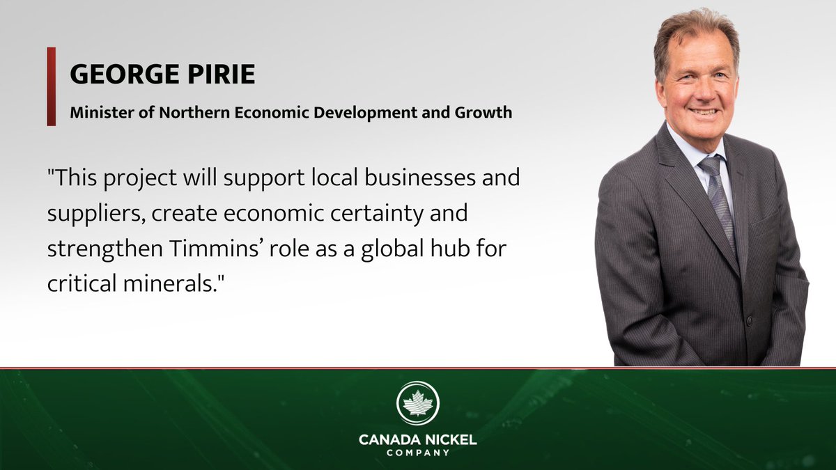 CanadaNickel's tweet photo. “This project will support local businesses and suppliers, create economic certainty and strengthen Timmins,” says Minister of Northern Economic Development and Growth George Pirie. 

Read more here: https://t.co/H2V1nbSe0g https://t.co/9BSGi9aHDf