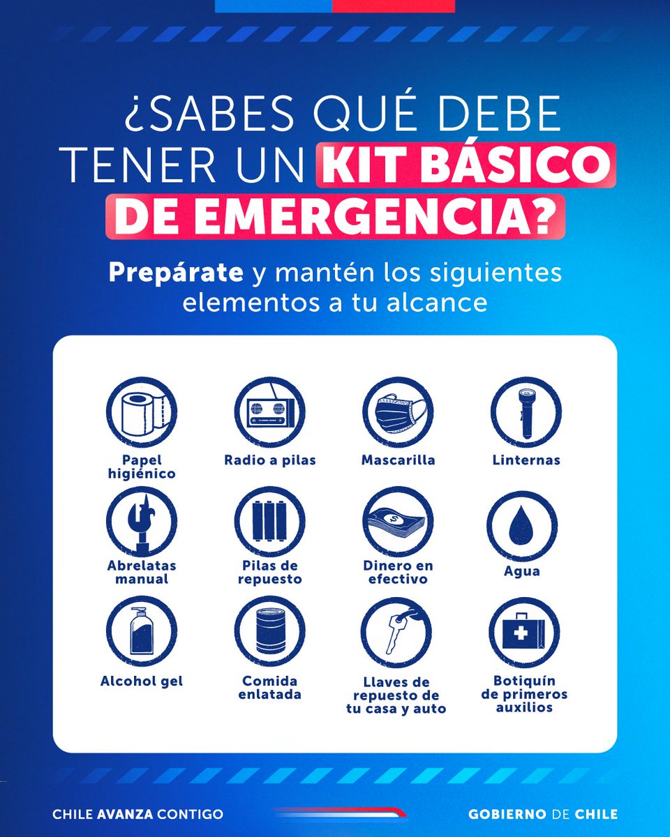 📌 Ten cerca o a mano estos elementos para estar preparados.

🧻 Papel higiénico, radio a pilas, agua, entre otros.

⛑️ Te dejamos esta infografía para que recuerdes qué tener en cuenta en tu kit de emergencia.