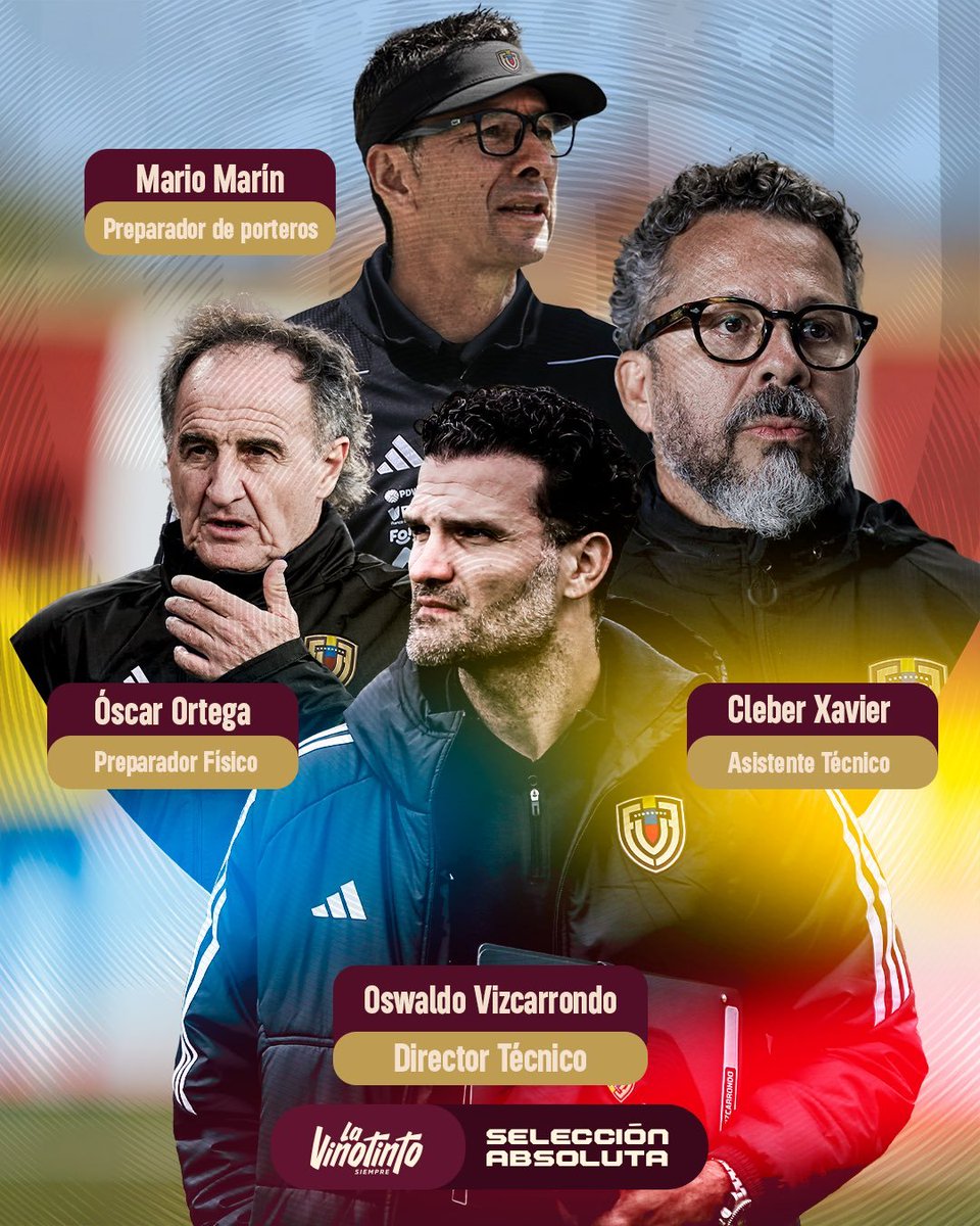 Naranjazos10's tweet photo. 📌El nuevo DT Vinotinto Oswaldo Vizcarrondo y su cuerpo técnico:

🧠Oswaldo Vizcarrondo (Director Técnico) 
✍️Cleber Xavier (Asistente Técnico) 
💪Óscar Ortega (Preparador Físico) 
🧤Mario Marín (Preparador de Porteros)

¿Cómo la ves? https://t.co/O6OxyvF4Fo