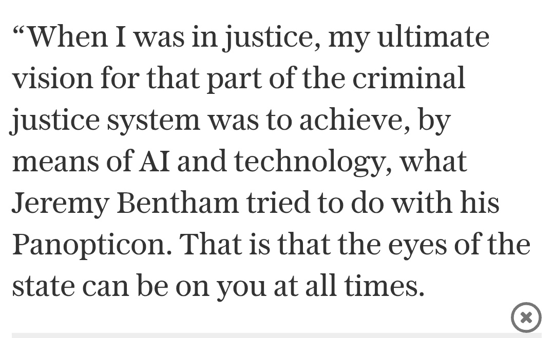 This from Shabana Mahmood, UK Home Secretary: her vision is a "panopticon" where "the eyes of the state can be on you at all times."

Facial recognition cameras "in every town" and digital ID suddenly make a lot more sense, don't they?

And naturally, she delivered these remarks