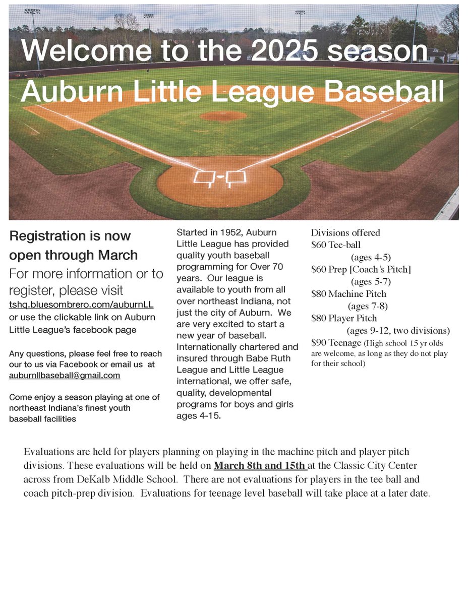 ⚾ Auburn Little League Baseball 2025 registration is now open through March! Open to boys and girls ages 4–15 across northeast Indiana. Safe, fun, developmental baseball since 1952. Sign up at tshq.bluesombrero.com/auburnLL or their Facebook page. ⚾