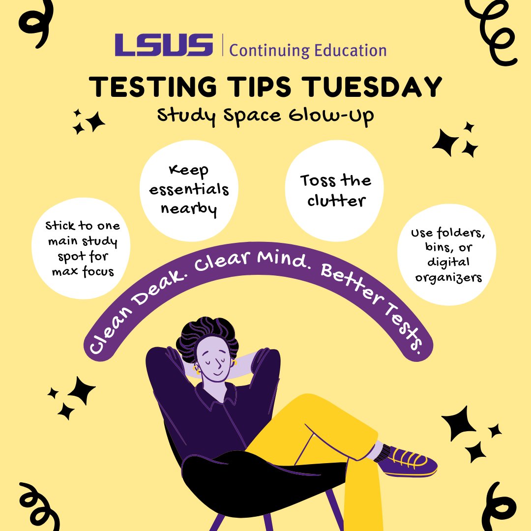Be honest… is your #StudySpace also your snack station, laundry pile, &amp; emotional support clutter? 😅 A cleaner space = fewer distractions, less stress, &amp; more brainpower 🧠💪 for exams. Your future self will thank you! 🙌📖

#lsusce #TestingTipTuesday #StressFree #StressRelief