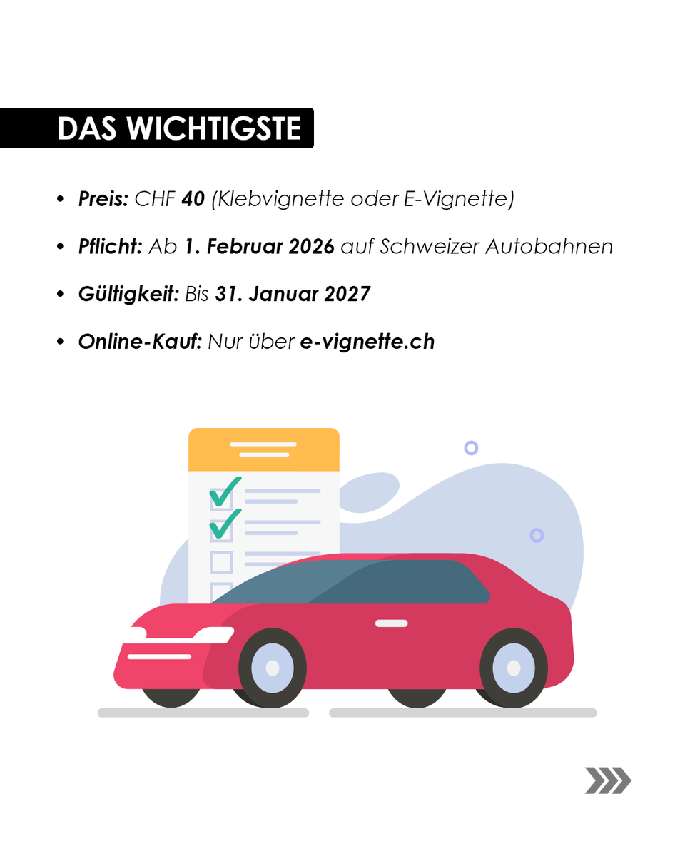 finaro_ch's tweet photo. Die Vignette 2026 kostet CHF 40 – und ist ab 1. Februar Pflicht. Wer sie vergisst, zahlt schnell drauf.

#Vignette2026 #Schweiz #Autofahren #Reisen #Finanztipp #Finaro https://t.co/Yp2ajW8YOE