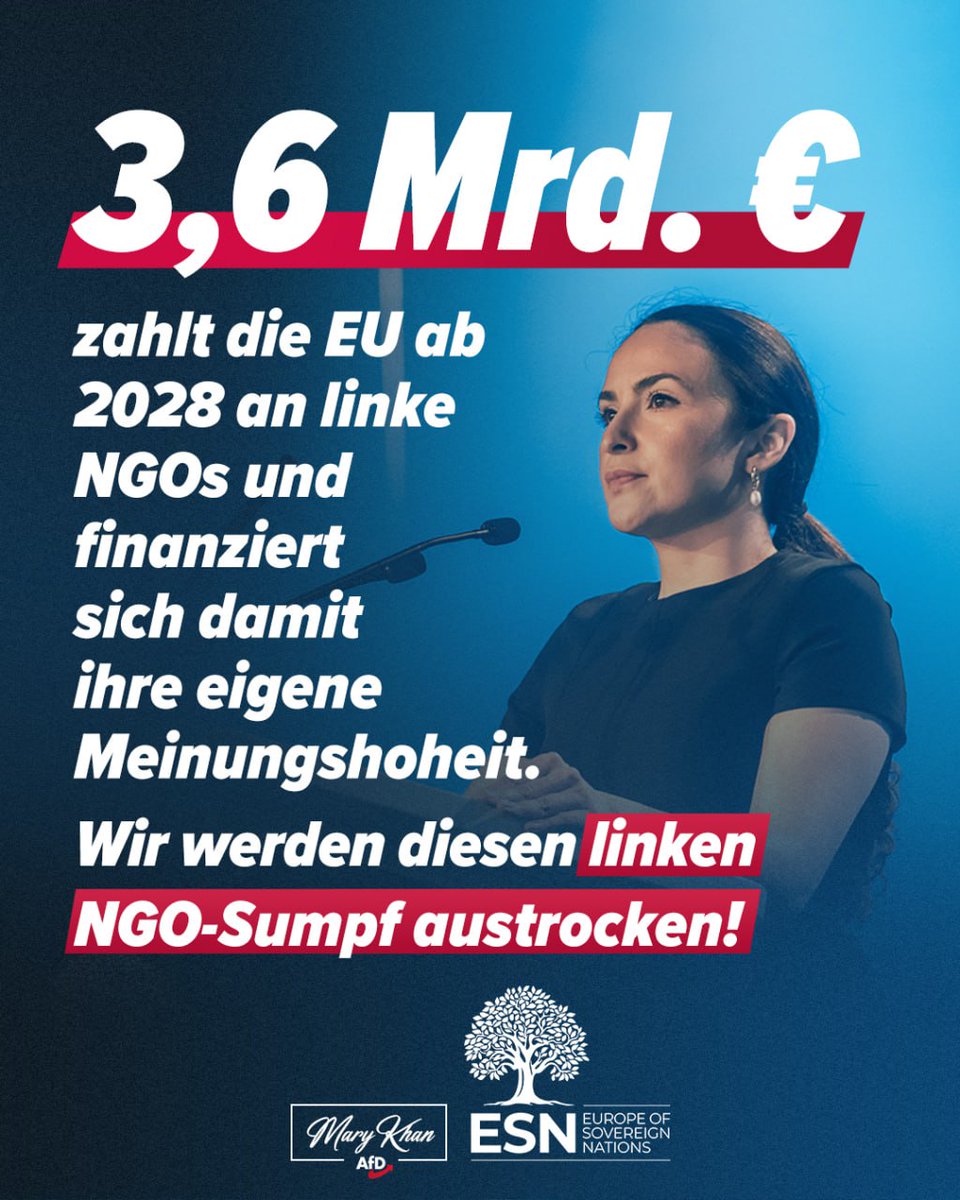 3,6 Milliarden Euro für linke NGOs auf Kosten der Steuerzahler ❗️

Der NGO-Fördertopf CERV hatte für den Zeitraum 2021 - 2027 ein Budget von rund 1,55 Milliarden Euro. Ab 2028 plant die EU nun 3,6 Milliarden Euro.

Wofür dieses Geld eingesetzt wird, ist bekannt:

• Projekte