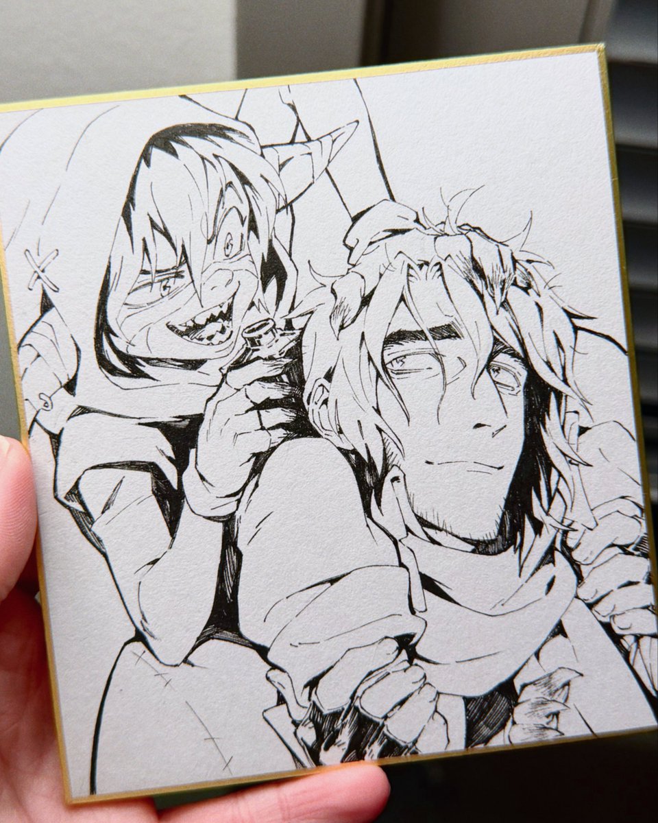 mmmjoos's tweet image. I've been finding so much optimism in practicing analogue and was thinking maybe it could be fun to do some Mighty Nein shikishi boards... here's a lineart WIP of Nott &amp;amp; Caleb 💚