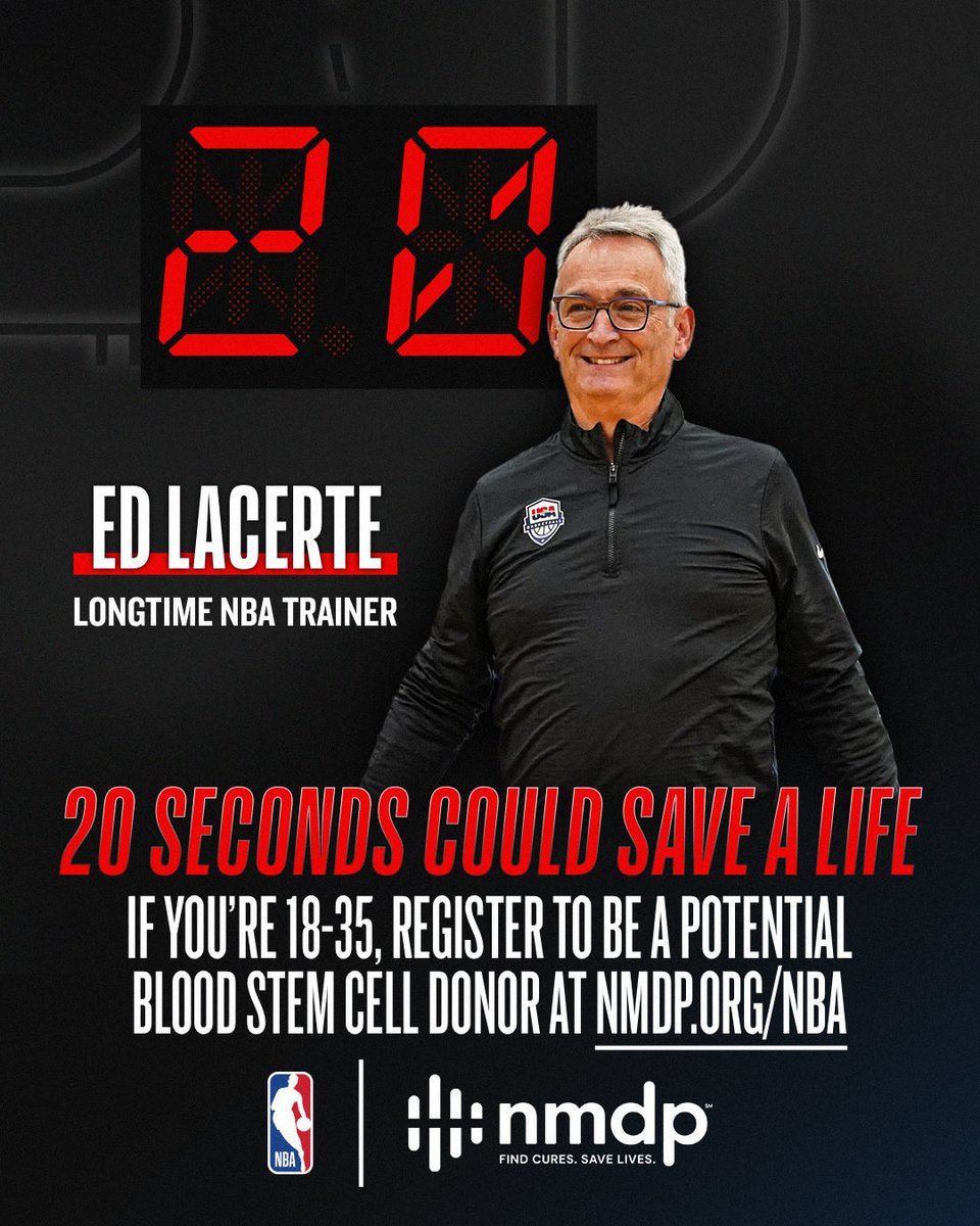NBA's tweet photo. 30 Teams, 1 Goal. ❤️💪

For more than 30 years, NBA and USA Basketball athletic trainer Ed Lacerte has taken care of the players and staff around him. Now he needs our help as he fights leukemia.

➡️ If you’re 18-35, you can register to be a potential blood stem cell donor at: https://t.co/hCzPXH43jd.