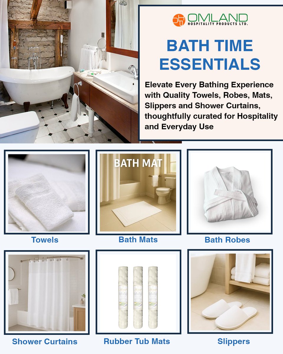 🛁 Bath Time Essentials by Omland Hospitality
Elevate every guest experience with our full range of luxury bath products. 

#HospitalitySupplies #BathEssentials #HotelAmenities #GuestComfort #OmlandHospitality #LuxuryLinens #ShowerCurtains #BathRobes #Towels #WellnessRetreats