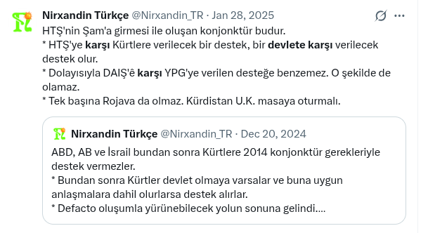 Nirxandin_2024's tweet photo. ABD ve İsrail aynı şeyi söylüyor, "bak kardeşim" diyorlar, "toprağın varsa devletin olmalı, yoksa devlet kimde ise muhatap o olur, defakto süreçler geçicidir, kalıcılaştırılamaz."

Şimdi çıkarsın bağımsız devlet çıkarıma aykırıdır dersin, işgalcin ile anlaşırsın, konu kapanır. https://t.co/ya58DDlE6d