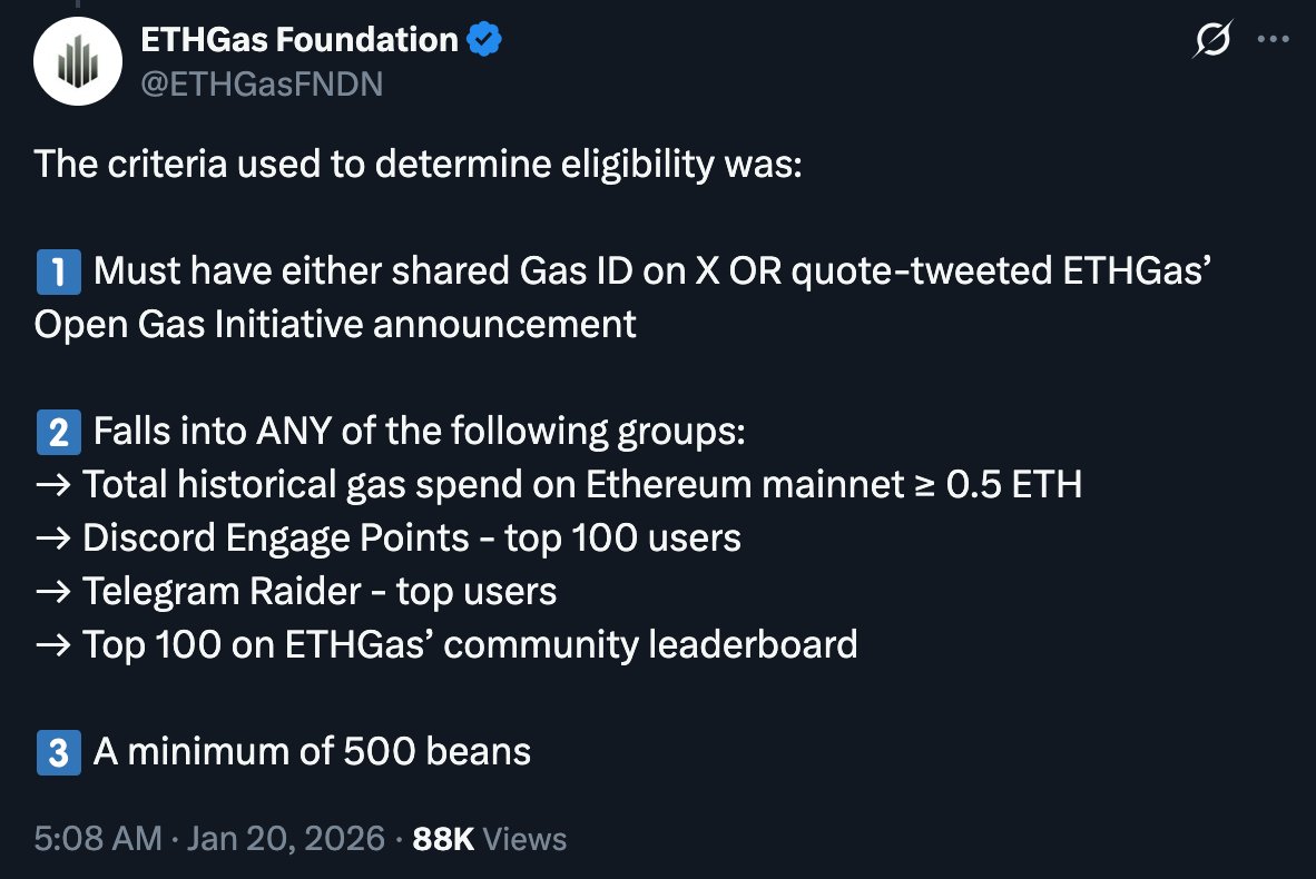1️⃣ gas ID shared on oct 16 (quote tweeted) ✅
2️⃣ over 13 ETH in historical gas spend ✅
3️⃣ 4,145 beans ✅

ineligible.

discord intern says you needed to have  "submitted" or "verified" your X post thru their dash, when all of ETHGas' comms (below &amp; FAQ) simply reference this