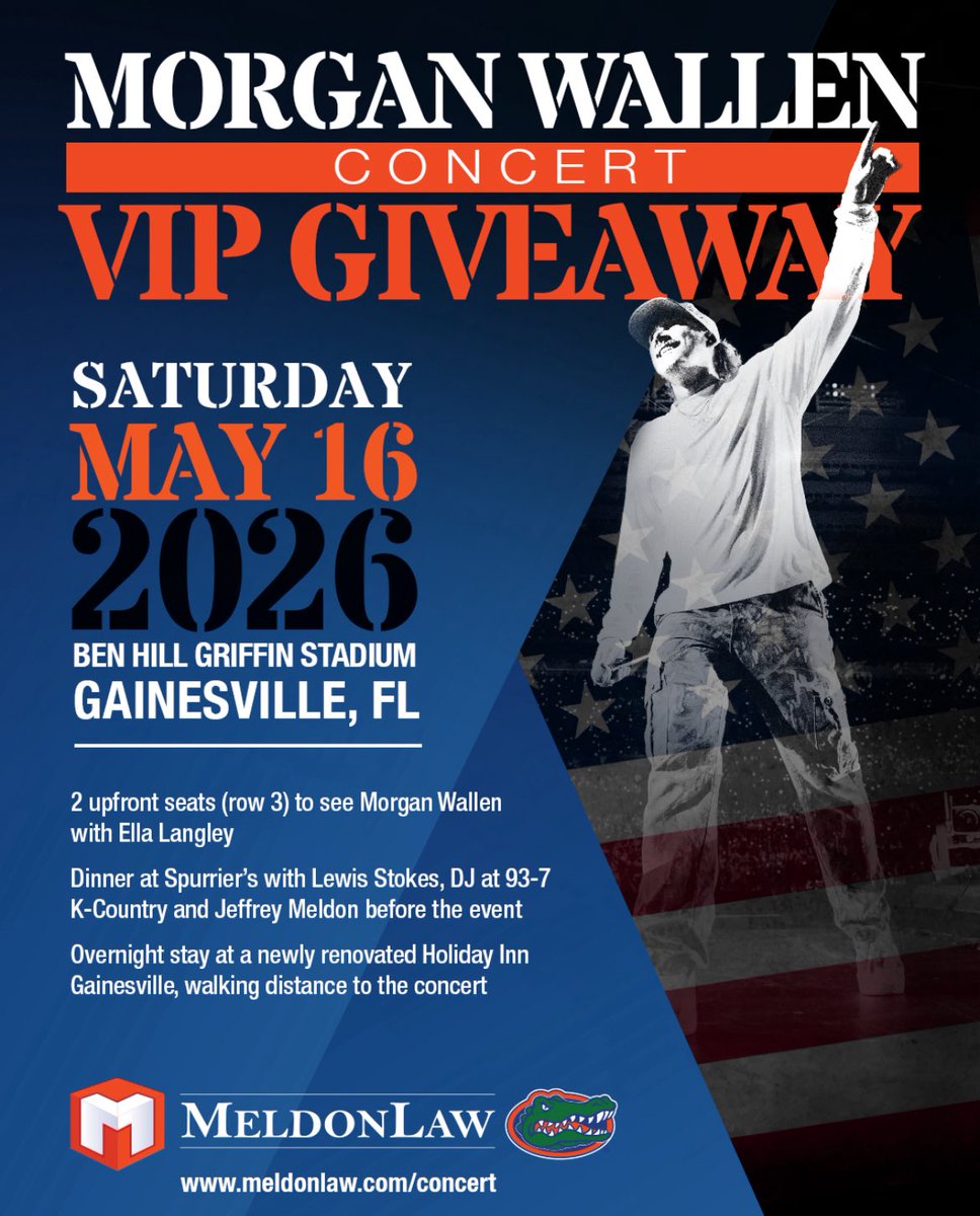 MeldonLaw's tweet photo. 🎸 Morgan Wallen VIP Concert Giveaway 🎸

We’re giving away the ultimate concert experience in Gainesville — not just tickets.

🏟️ Ben Hill Griffin Stadium
📅 Saturday, May 16

Fill out the entry form — (required)

👉 https://t.co/rGKS7scWGV https://t.co/NKskx9gSXP