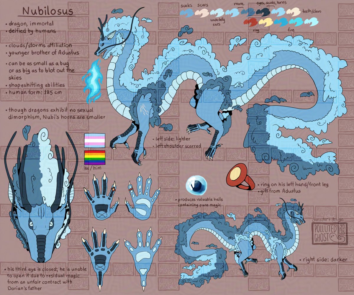 One of a trio of characters I had a dream about and decided to establish as ocs (: He has a human form, I might make a full ref for it, but first I wanted to finally get this one done :D
#dragon #dragonoc #oc #digitaldrawing #refsheet #digitalart #art #ocart