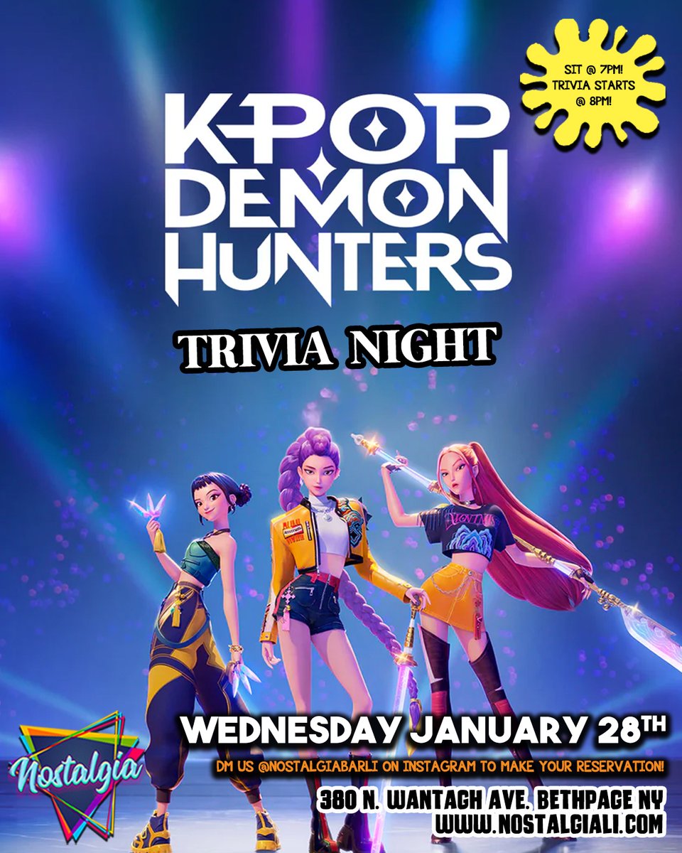WEDNESDAY, JANUARY 28TH!!!
K-Pop Demon Hunters Trivia Night!
Seating begins 7pm, trivia starts 8pm!
DM us to make a reservation or make yours online here: tinyurl.com/3wmervs8