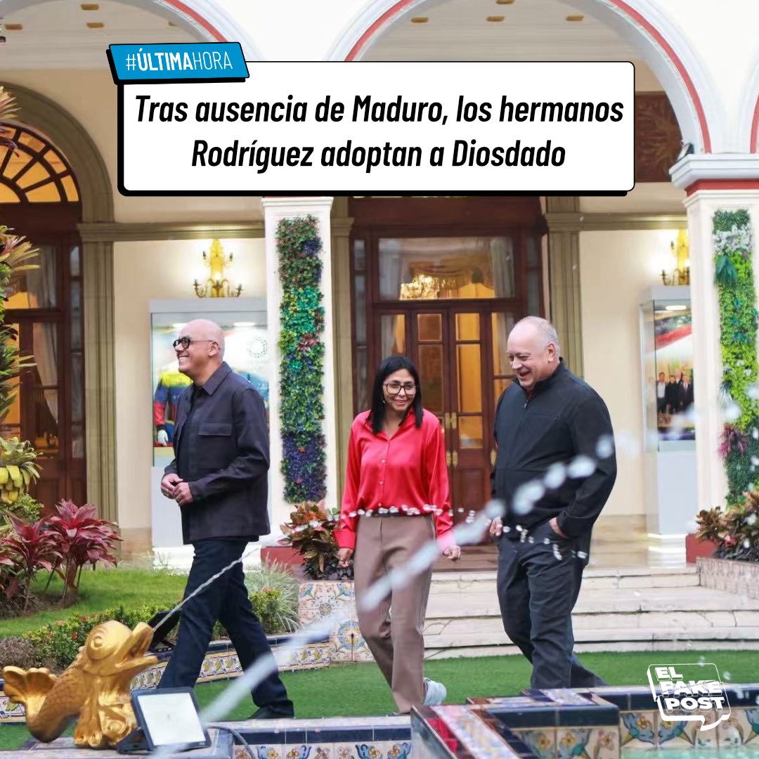 elfakepost's tweet image. Tras ausencia de Maduro, los hermanos Rodríguez adoptan a Diosdado.

“Somos los encargados de tenerle la tablet con batería para que no se ponga bravo”, aseguraron Delcy y Jorge.