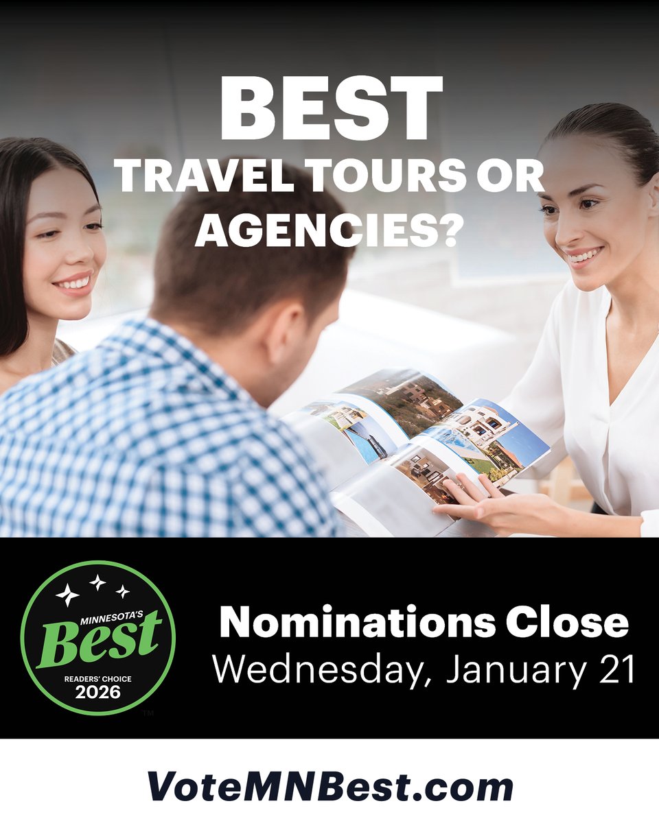 VotedMNBest's tweet photo. Travel tours and agencies help create meaningful trips through knowledge and attentive planning. Nominate your preferred Travel Tours or Agencies for Minnesota's Best at https://t.co/Gw0zn9J8af. Nominations remain open through 5 PM tomorrow. #MNBest #traveltoursoragencies https://t.co/O4C8d6iOuG