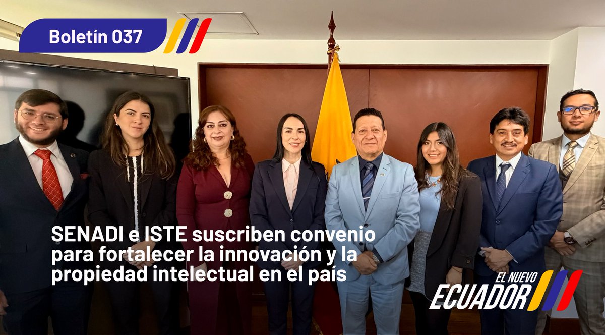 #Boletín 📃 | SENADI y <a href="/EspanaIste/">Tecnológico Superior Universitario España - ISTE</a> suscribieron un convenio para fortalecer la docencia, la investigación, la innovación, la transferencia tecnológica y la promoción de una cultura de respeto a la propiedad intelectual en Ecuador.

Más info: derechosintelectuales.gob.ec/senadi-e-iste-…