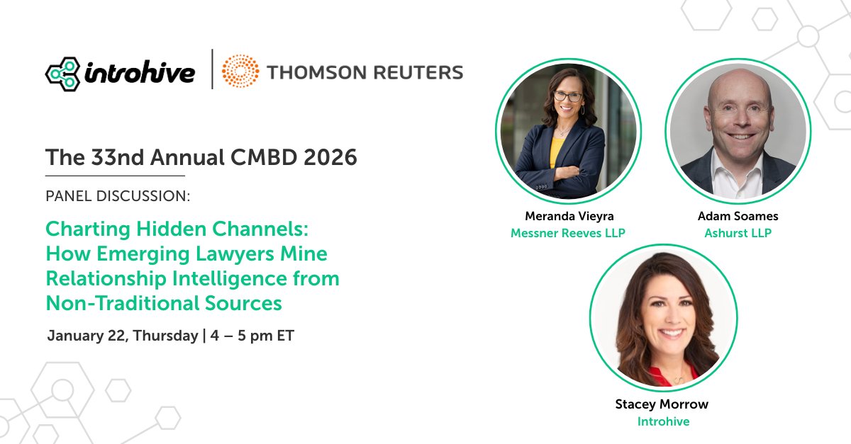 Introhive's tweet image. Heading to #CMBDO26? Join our Legal Industry Director Stacey Morrow for a panel, “Charting Hidden Channels: How Emerging Lawyers Mine Relationship Intelligence,” on Jan 22 at 4:00 PM! Don’t miss this engaging discussion! #Introhive #LegalMarketing #CMBDO26