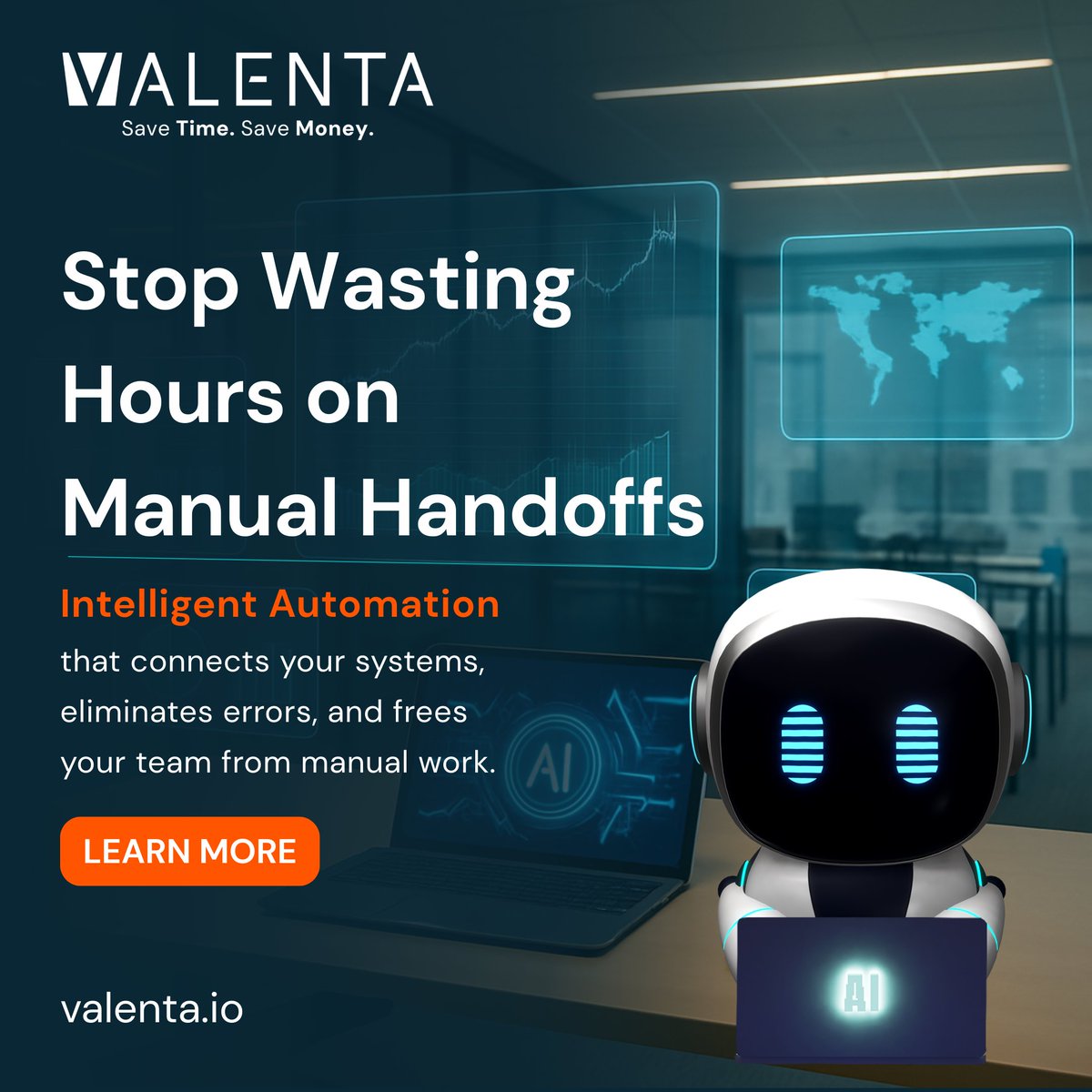 Your team shouldn't be the glue between disconnected systems.

Make your tech stack work together with Intelligent Automation.

valenta.io
