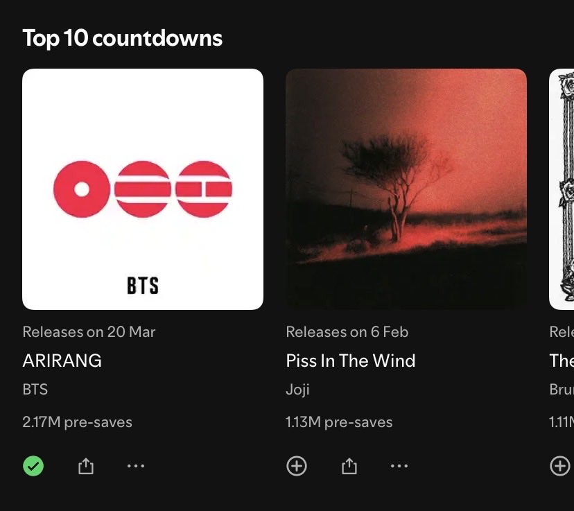 btschartmaster's tweet image. .@BTS_twt 'ARIRANG' has surpassed 2.17 million pre-saves on Spotify.

D1 - 564K
D2 - 926K
D3 - 320K
D4 - 210K
D5 - 150K