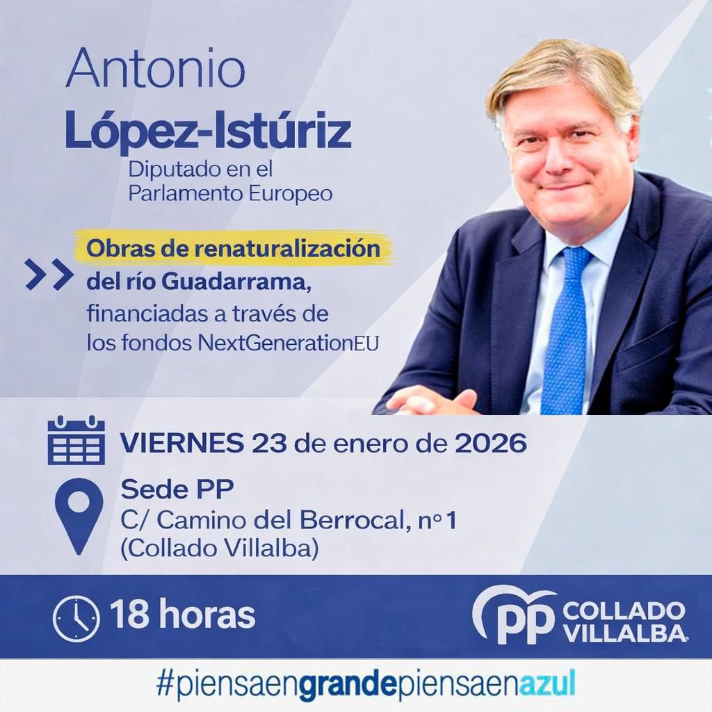 🇪🇺 Este viernes, día 23, a las 18 horas contaremos en nuestra sede local, con el eurodiputado del PP Antonio López-Istúriz
(<a href="/TonoEPP/">Antonio López-Istúriz White</a>).

🏞️ Nos hablará de las políticas de financiación europeas en proyectos municipales y, en concreto, de la renaturalización del Río Guadarrama.