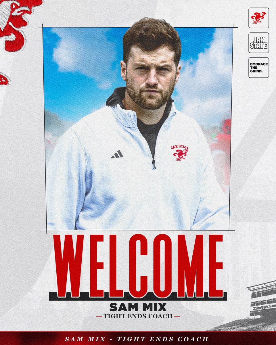 JaxStateFB's tweet image. Welcome to Jax State, Tight Ends Coach, Sam Mix‼️

#EmbraceTheGrind | #AKC