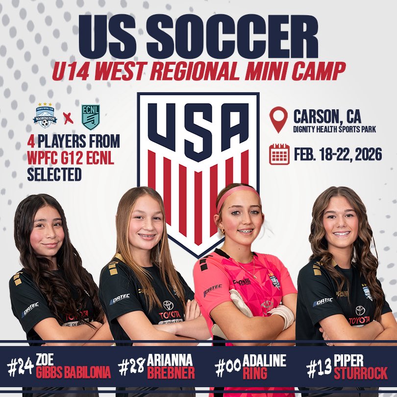 WAPremier's tweet photo. FOUR of our @wpfcg12ecnl_official girls were selected to participate in the U14 US Soccer Mini Camp next month! We are so proud of you all and canβt wait to hear about your successes!! ππΌ
#alwayspremier https://t.co/uxaih4OlFW
