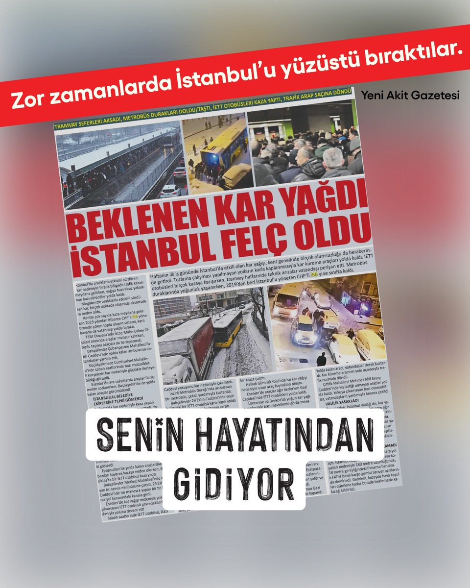 İstanbul’umuzda şu görüntüleri maalesef sadece kar yağdığı için görmüyoruz.

Bu şehrin ulaşımı mevsim, ay, gün, saat fark etmeksizin bu kötü yönetim yüzünden felç oluyor.

Her geçen gün #SeninHayatındanGidiyor, İstanbul kaybediyor, İstanbullu kaybediyor.