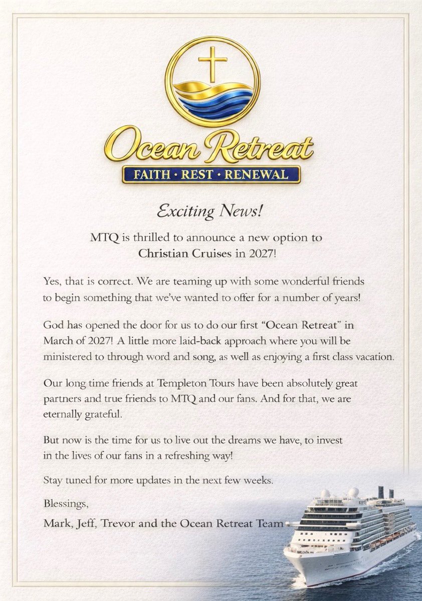 ***Special Announcement*** 

MTQ is excited to announce a new cruise option for 2027 called “Ocean Retreat.” This has been a dream for our ministry and we can’t wait to tell you all more about it. Stayed tuned - info will be coming soon! #cruisewithmtq #gospelmusic