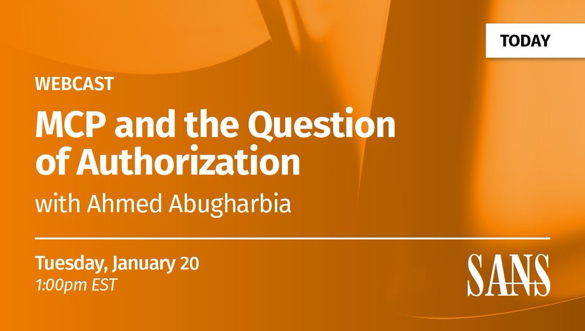 SANSCloudSec's tweet image. 🚨 LIVE in 1 hour!

See how GenAI agents act on user behalf and the security implications that follow. MCP, delegation, and authorization with Ahmed Abugharbia.

📅 1:00 PM EST
🔗 buff.ly/5Bs78iF

#GenAI #AppSec #Authorization #SEC545