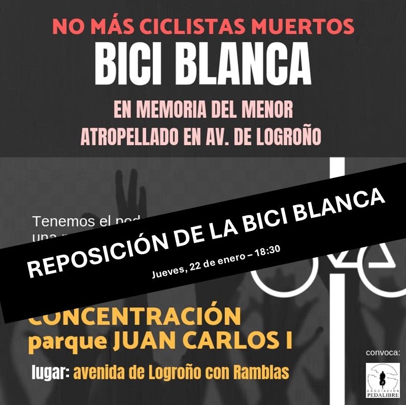 En 2018 fue atropellado mortalmente, un adolescente en la Av. de Logroño
En su momento, pusimos una #BiciBlanca en su recuerdo,pero ha "desaparecido"
Este jueves a las 18:30, la repondremos en el mismo lugar y recordaremos el suceso que nunca debió ocurrir
pedalibre.org/2026/01/20/act…