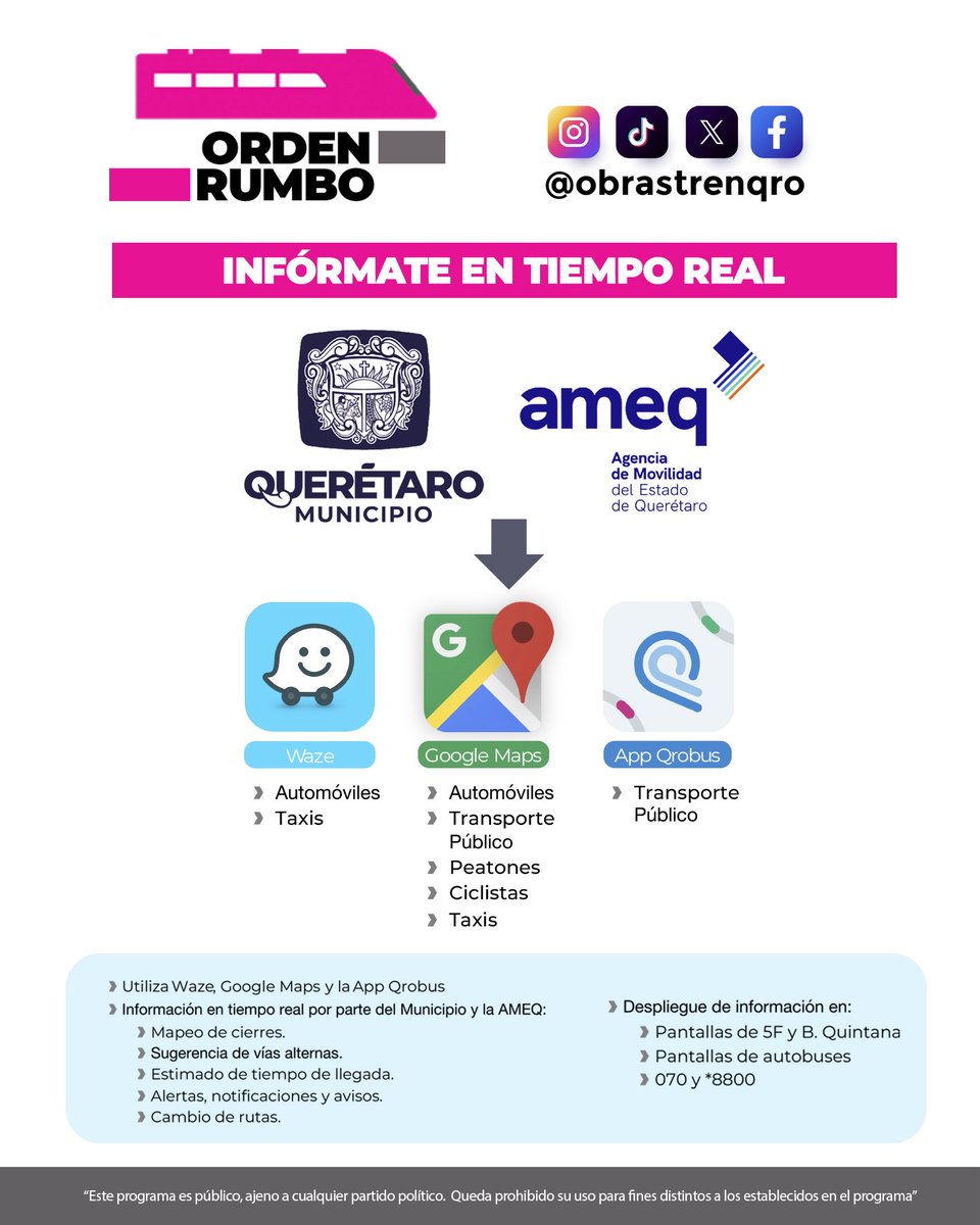 Infórmate en tiempo real y planea mejor tus traslados.
A través de Waze, Google Maps y la app Qrobús podrás consultar información oficial del Municipio y la AMEQ sobre:

🔹 Cierres viales
🔹 Rutas alternas
🔹 Tiempos de traslado
🔹 Alertas y cambios de ruta

Disponible también en