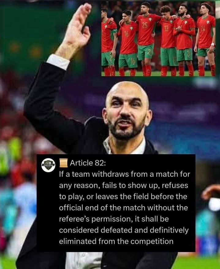 🚨 The Moroccan Football Federation has officially filed a protest with CAF, requesting a victory against Senegal as stipulated in Article 82 and the awarding of the Africa Cup of Nations trophy to Morocco 🏆.

Morocco argues that, per regulations, the match should have ended