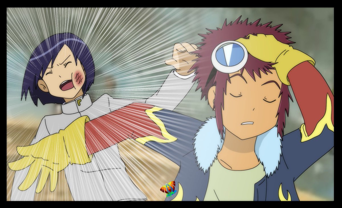 TZoe611's tweet image. I don't usually repeat memes, but I couldn't resist the idea, and redrew ZeroTwo's famous slaps, again ^^'

#digimon #デジモン #daisuke #takeru #hikari #miyako #iori #adventure #zerotwo