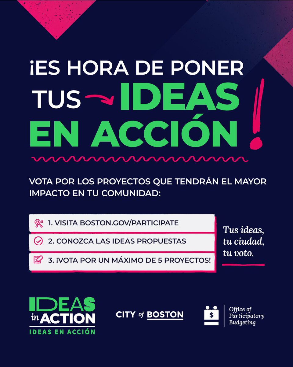Ideas in Action is Boston’s city-wide Participatory Budgeting initiative, where residents can decide how to spend a part of the City’s budget. Between now and February 15, you can VOTE for the projects that will have the biggest impact on YOUR community ⬇️ Boston.gov/Participate