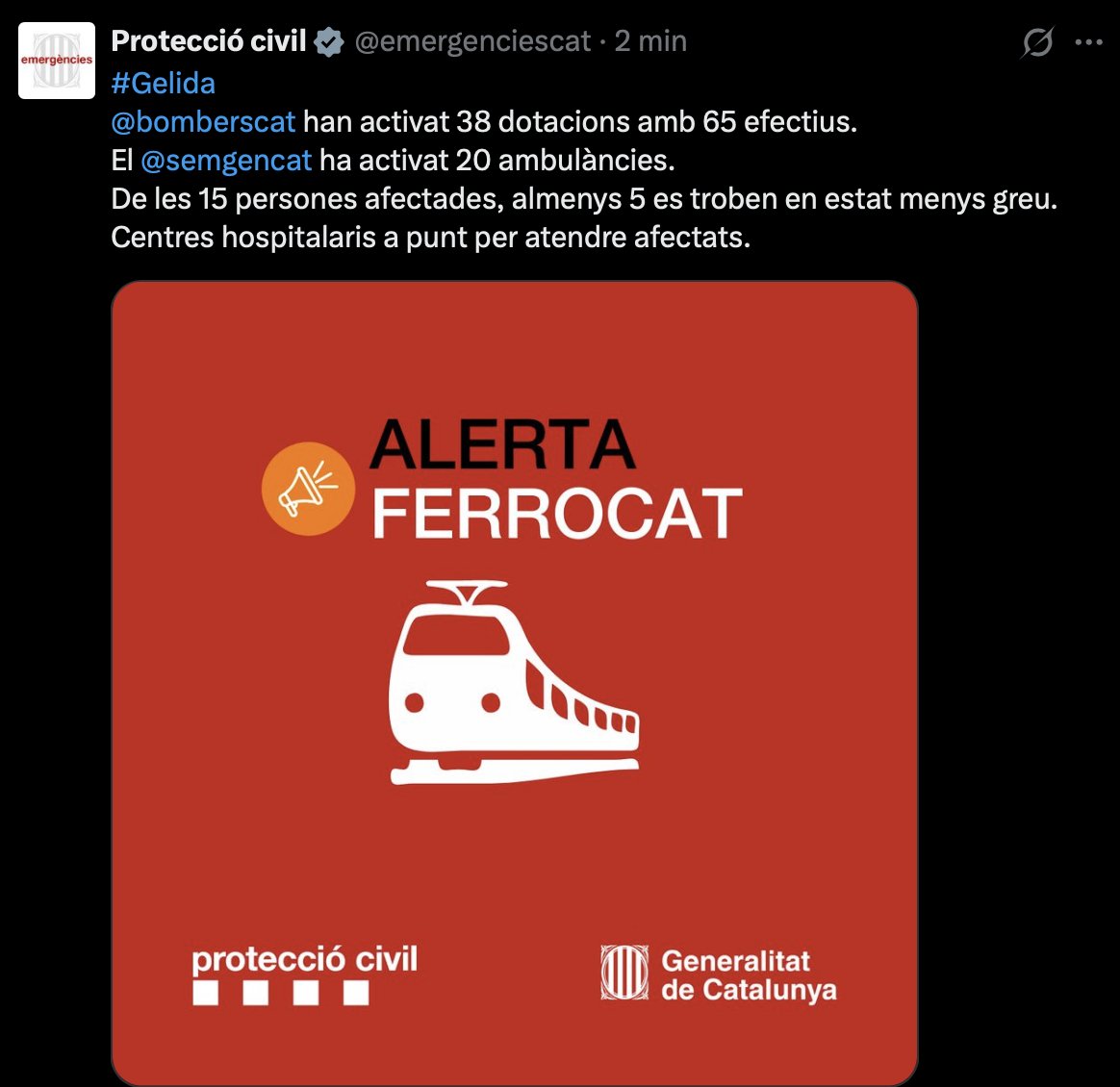 jlpouy's tweet photo. Accidente #tren #Gelida
➡️ #bomberscat ha activado 38 dotaciones
➡️ #semgencat ha activado 20 ambulancias
De las 15 personas afectadas, al menos 5 se encuentran en estado menos graves.
Los centros hospitalarios se encuentran preparados para atender los afectados. https://t.co/Bozf5RmhuO