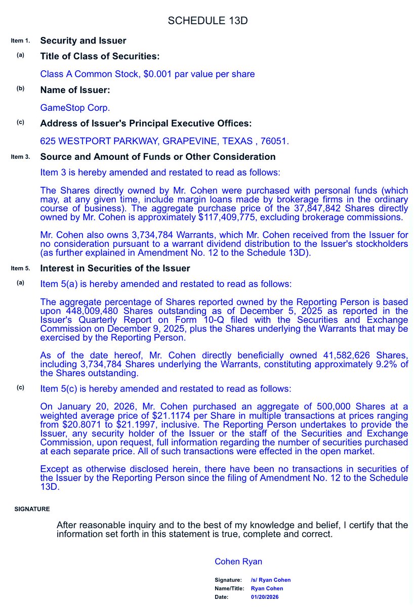 ReesePolitics's tweet image. BREAKING: Ryan Cohen buys 500,000 shares of $GME according to new 13D filing 🚨🚨🚨.