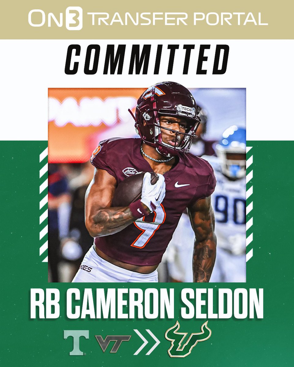 TransferPortal's tweet photo. BREAKING: Virginia Tech transfer RB/WR Cameron Seldon has signed with USF, @PeteNakos reports🐂

https://t.co/HA3pq8f4kz https://t.co/fu1errvS7j