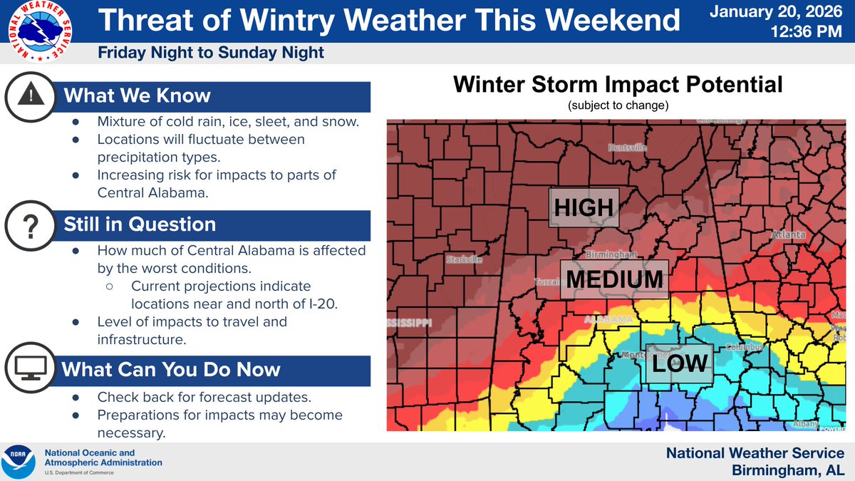 Due to the potential for power outages, with a frigid air mass coming in behind the system (low temperatures in the single digits and teens), it is very important that you plan ahead. Have alternative sources of heat for you and your pets!