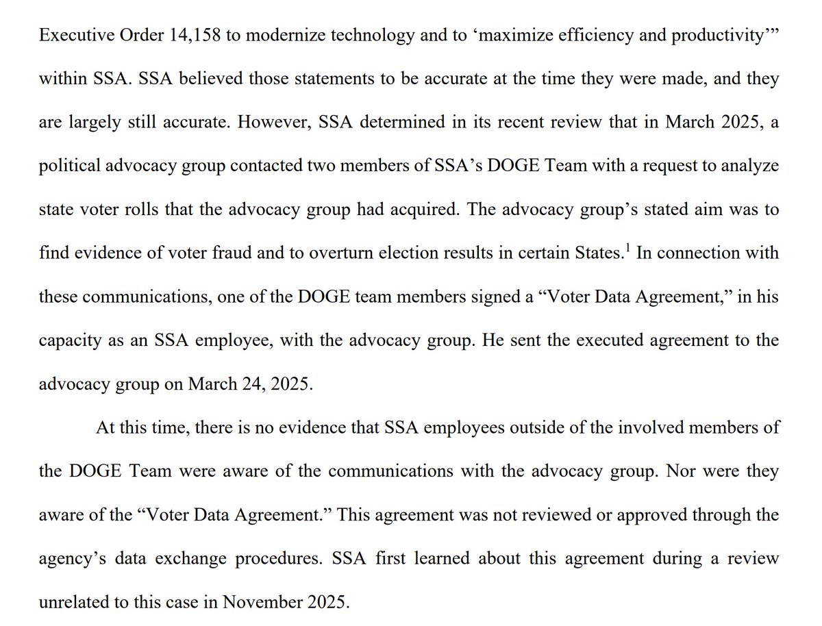 So recent court filings show that there were members of DOGE who were working in the Social Security Administration and illegally passing Personally Identifiable Information from the SSA to political advocacy groups to ensure "voter integrity."

Because this is just more evidence