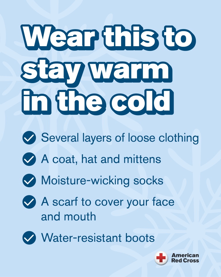 RedCross's tweet image. Millions of people are facing dangerous, frigid temperatures as Arctic air sweeps across the Midwest and Northwest. Don’t let the cold catch you by surprise! 

Check out this guide on how to dress if you’re heading outside, and follow these tips to stay safe during this stretch…
