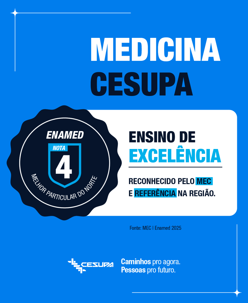 Medicina Cesupa é o melhor curso particular do Norte! 🩺💙
 Nota 4 no Enamed, o melhor resultado entre as instituições privadas do Pará e da Região Norte. Excelência reconhecida! 🎉👏
 Saiba mais: cesupa.br/noticias/cesup…