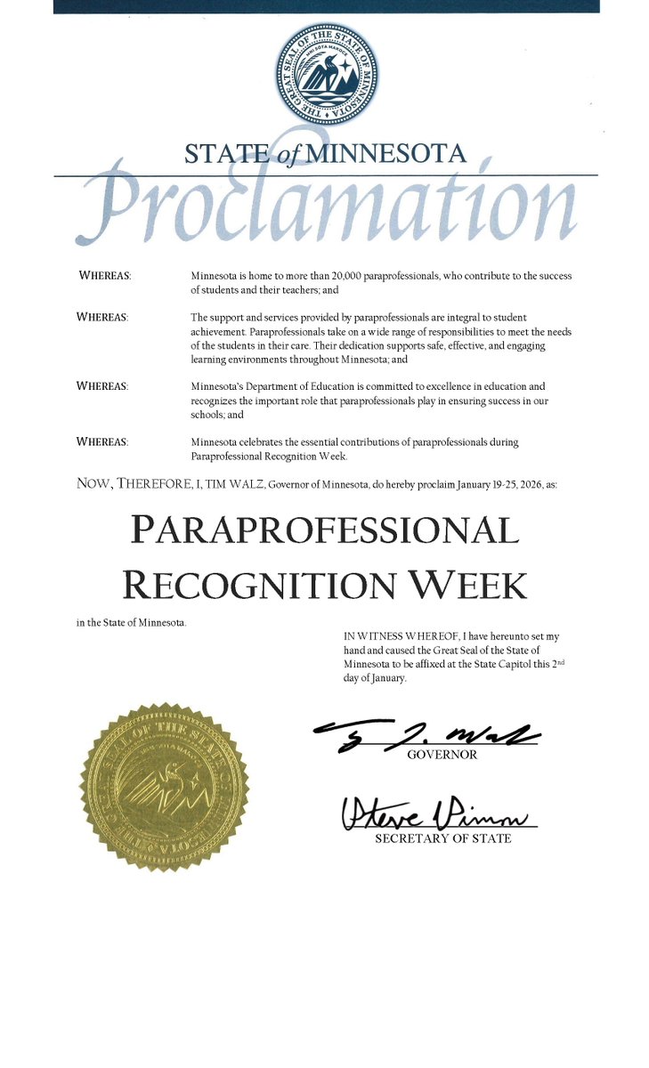 <a href="/GovTimWalz/">Governor Tim Walz</a>  has proclaimed this week Paraprofessional Recognition Week in celebration of the more than 20,000 paraprofessionals working in Minnesota schools and educational programs. Learn more about paraprofessionals and see the proclamation at education.mn.gov/mde/dse/para/