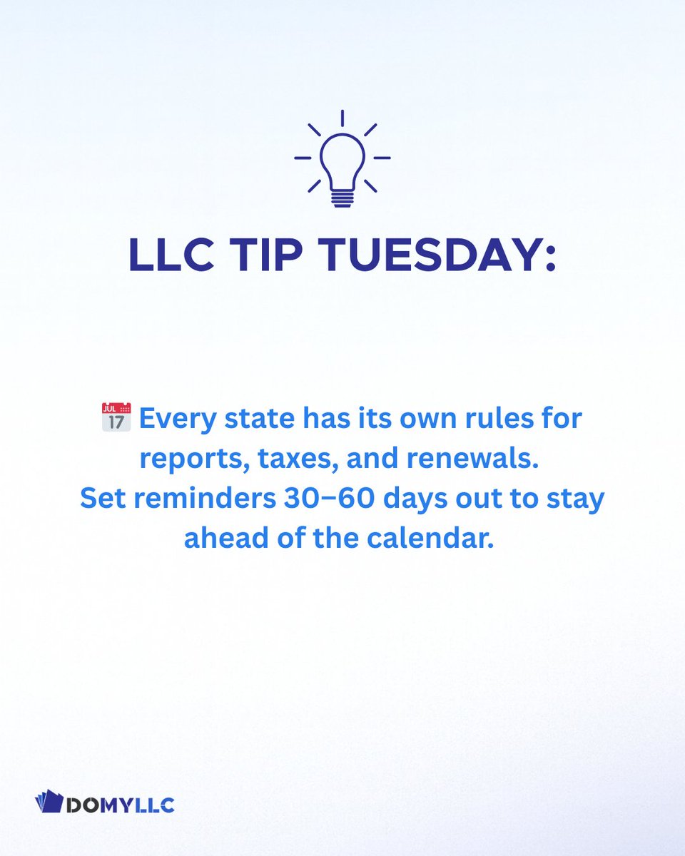 DoMyLLC's tweet image. 💡Tip Tuesday: Track State Filing Deadlines in Advance

Every state has its own rules for reports, taxes, and renewals. Set reminders 30–60 days out to stay ahead of the calendar.

👉 Want more tips like this? Follow us @DoMyLLC 

#LLCTips #SmallBusiness101 #BusinessCompliance