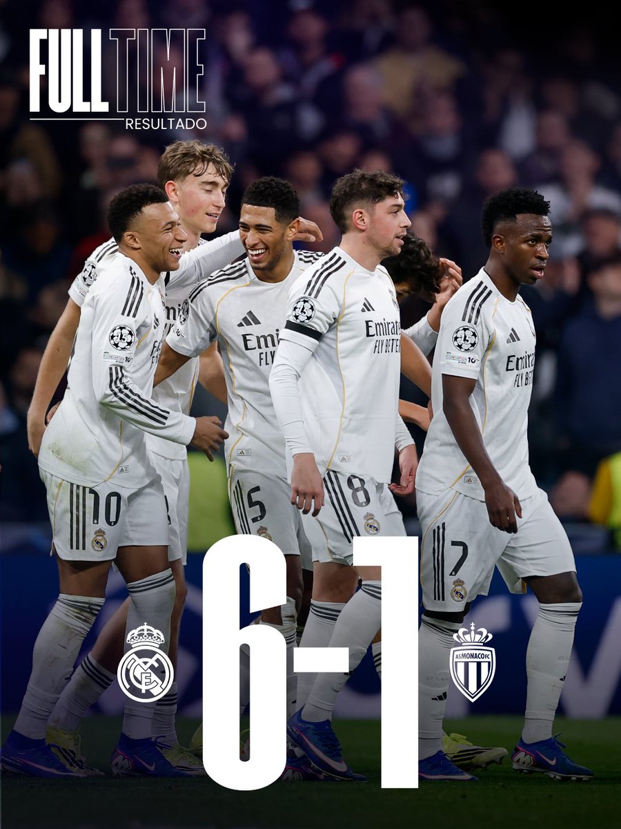 realmadrid's tweet image. 🏁 FP: @RealMadrid 6-1 @AS_Monaco_ES
⚽ 5' @KMbappe
⚽ 26' @KMbappe
⚽ 51' Mastantuono
⚽ 55' Kehrer (p.p.)
⚽ 63' @ViniJr
⚽ 72' Teze
⚽ 80' @BellinghamJude