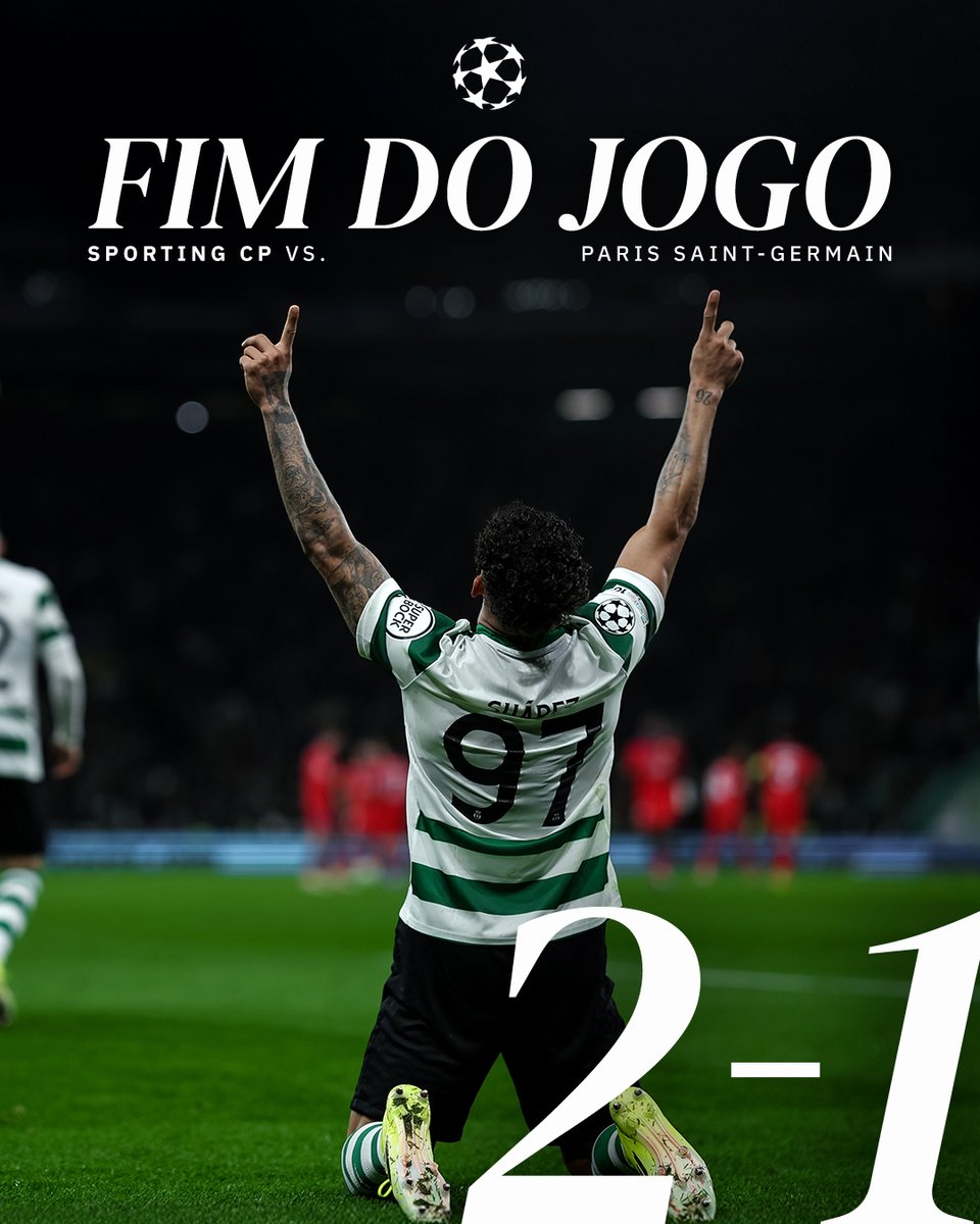 SportingCP's tweet image. ⏹️ 𝙉𝙊𝙄𝙏𝙀 𝙈𝘼́𝙂𝙄𝘾𝘼 em Alvalade! 🌟 Que vitória Leões na 7.ª jornada da Fase de Liga da UEFA Champions League 🤩

⚽ Luis Suárez (2)
🟢 2-1 🔴 // #SCPPSG #UCL