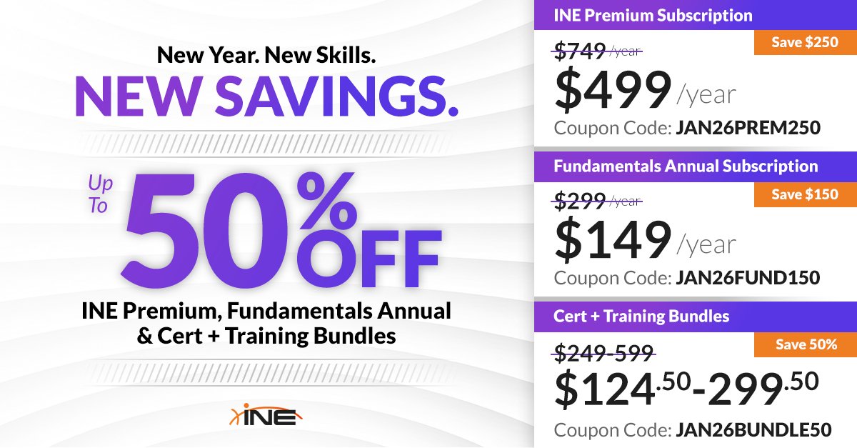 ine's tweet image. Final call 🚨

Do not wait 👉 bit.ly/4bxSacd

All INE learning offers for new subscribers are ending. Build your foundation, advance your skills, or prep for certification now. Use JAN26FUND150, JAN26PREM250, or JAN26BUNDLE50 before time runs out.

#INE #FinalCall