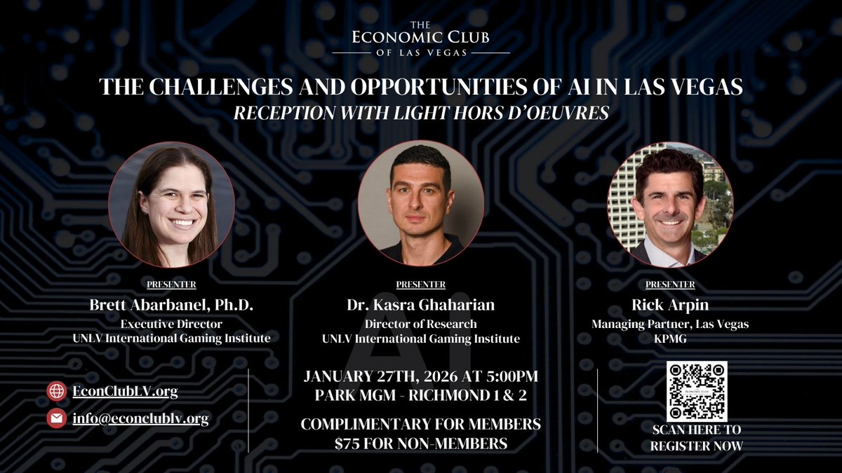 1 WEEK AWAY! Join us on Jan 27th, 2026, 5:00PM at Park MGM as we welcome <a href="/babarbanel/">Brett Abarbanel</a>, <a href="/KasVegas/">Kasra Ghaharian</a> and <a href="/realrickarpin/">Rick Arpin</a> to discuss how AI is impacting the Las Vegas gaming economy during our reception event. Register now at bit.ly/44m5FaS! #EconClubOfLV #LasVegas #EconX #ECLV