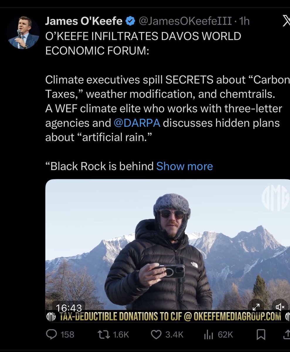 🚨🌎 James O’Keefe <a href="/JamesOKeefeIII/">James O'Keefe</a> just infiltrated The WEF in Davos &amp; proved that Blackrock are also behind the Global Weather Manipulation we all see each &amp; every day‼️

RFK Jnr was also right - it is DARPA!

Multiple Conspiracies Confirmed ✅