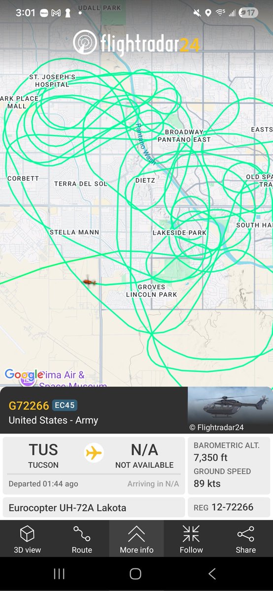 Don__Goebel's tweet photo. @whatsuptucson anyone know what's up with the helicopter that's been circling the Eastside all day.  Two hours this morning,  now 1-1/2 hours this afternoon.  FlightRadar24 says it's Army. https://t.co/4PgHxqslCg
